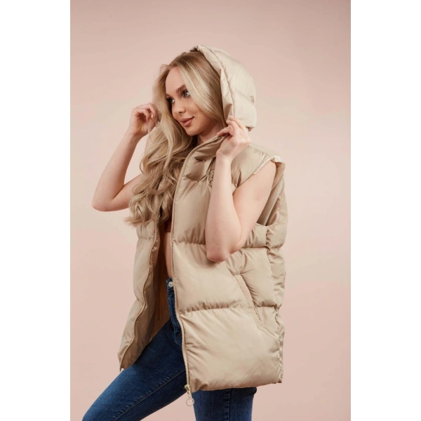 Kadın Krem Kapüşonlu Oversize Şişme Yelek