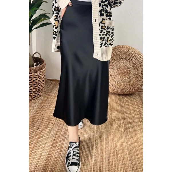 Kadın Desenli Viskon Saten Midi Boy Etek