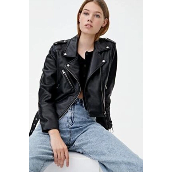 Kadın Siyah Kol Detaylı Suni Deri Ceket