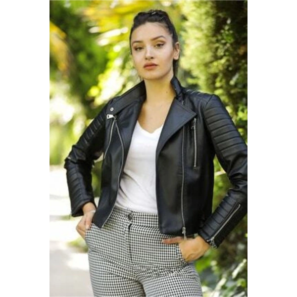 Kadın Siyah Kol Detaylı Suni Deri Ceket
