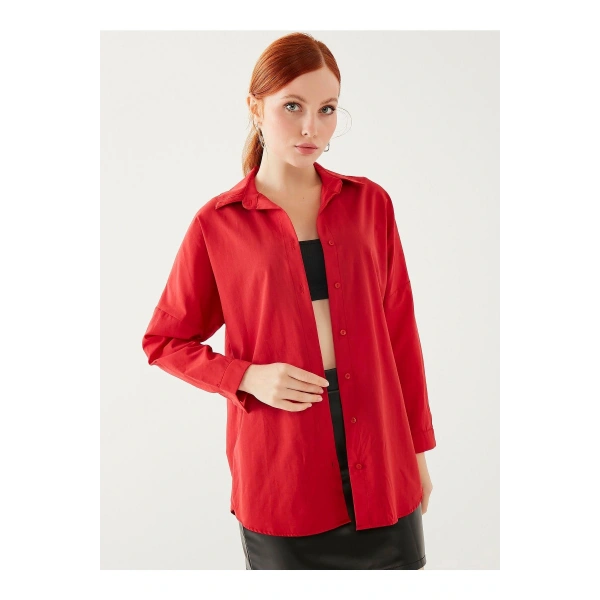 Kadın Kırmızı Oversize Uzun Basic Gömlek
