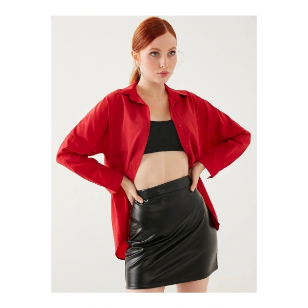 Kadın Kırmızı Oversize Uzun Basic Gömlek