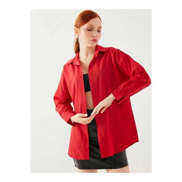 Kadın Kırmızı Oversize Uzun Basic Gömlek