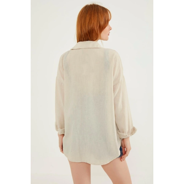 Kadın Krem Hafif Oversize Keten Gömlek