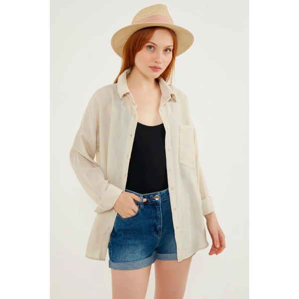 Kadın Krem Hafif Oversize Keten Gömlek