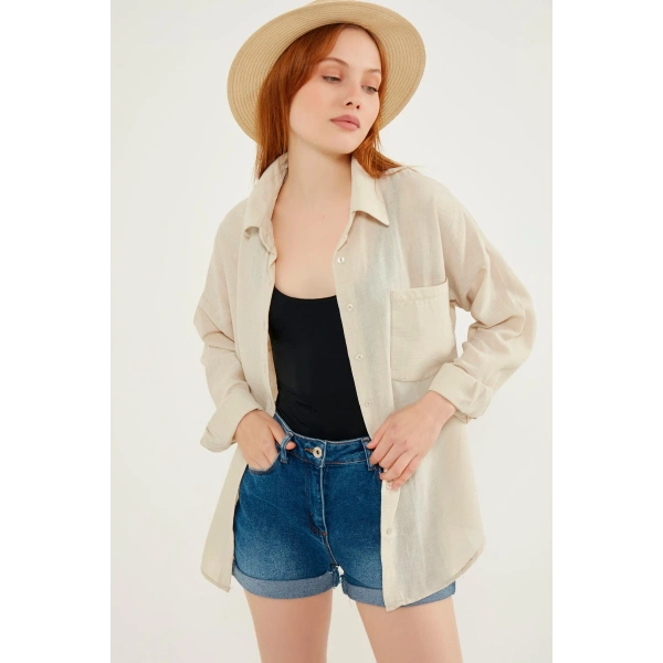 Kadın Krem Hafif Oversize Keten Gömlek