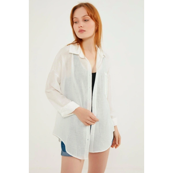Kadın Beyaz Hafif Oversize Keten Gömlek