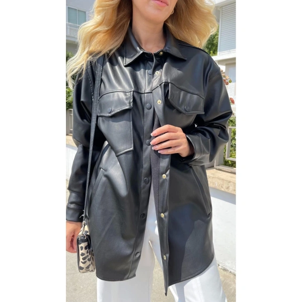 Siyah Ince Şardonlu Cep Detaylı Suni Deri Gömlek
