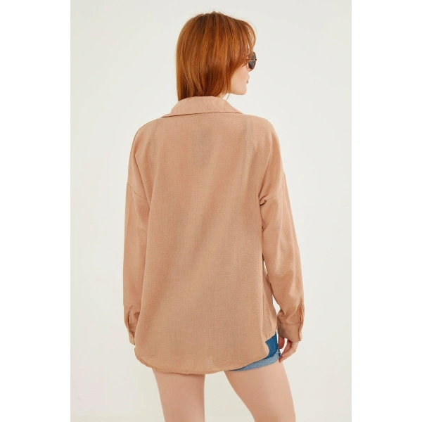 Kadın Kahve Hafif Oversize Keten Gömlek
