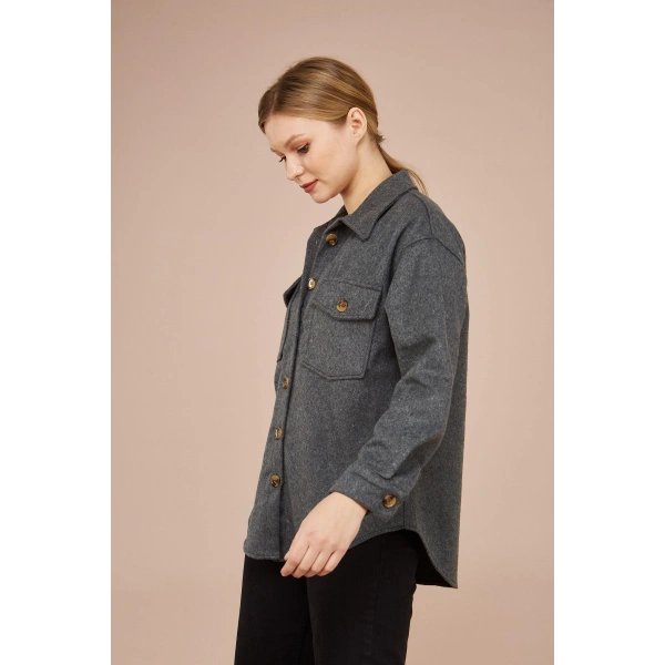 Kadın Antrasit Kaşe Pamuklu Oversize Ceket Gömlek