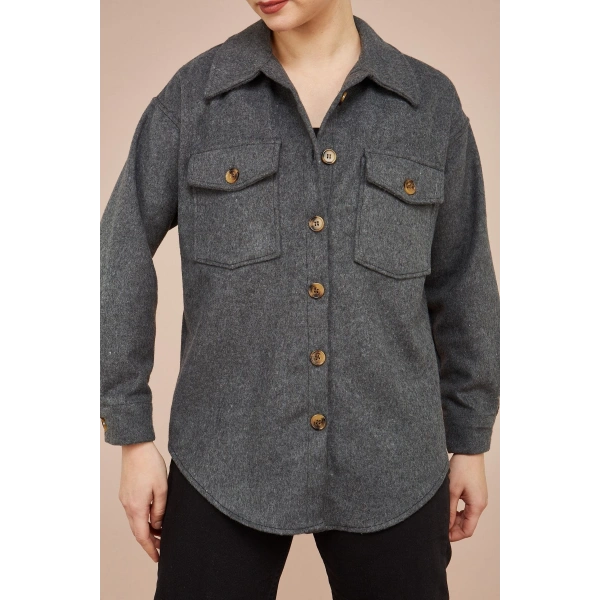 Kadın Antrasit Kaşe Pamuklu Oversize Ceket Gömlek