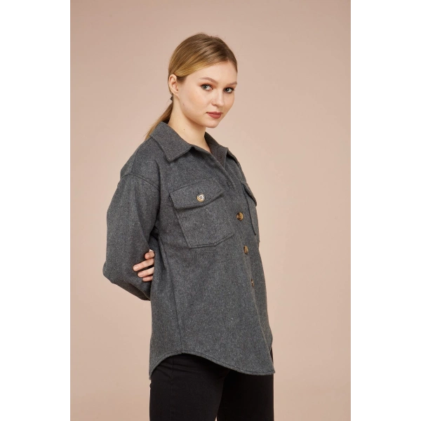 Kadın Antrasit Kaşe Pamuklu Oversize Ceket Gömlek