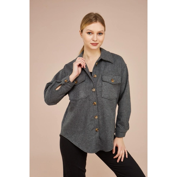 Kadın Antrasit Kaşe Pamuklu Oversize Ceket Gömlek