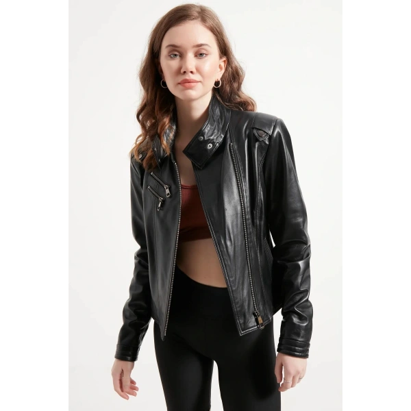 Kadın Siyah Biker Hakiki Deri Ceket