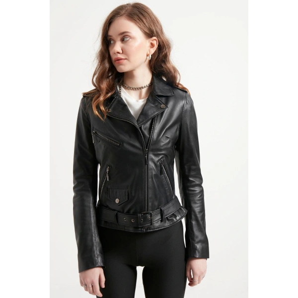 Kadın Siyah Cep Detaylı Hakiki Deri Ceket