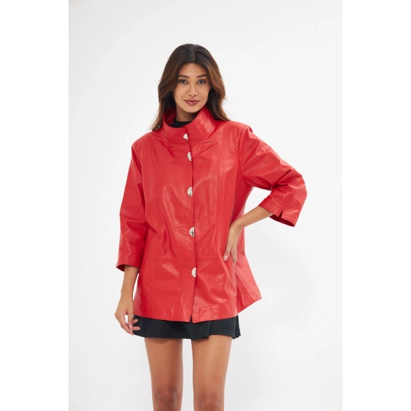 Kadın Hakiki Deri ceket Kırmızı Renk Yarasa Kol Önleri Çıt çıtlı