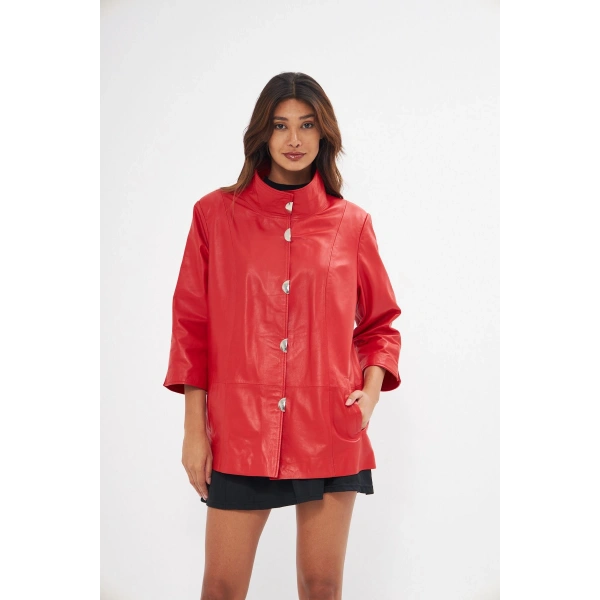 Kadın Hakiki Deri ceket Kırmızı Renk Yarasa Kol Önleri Çıt çıtlı
