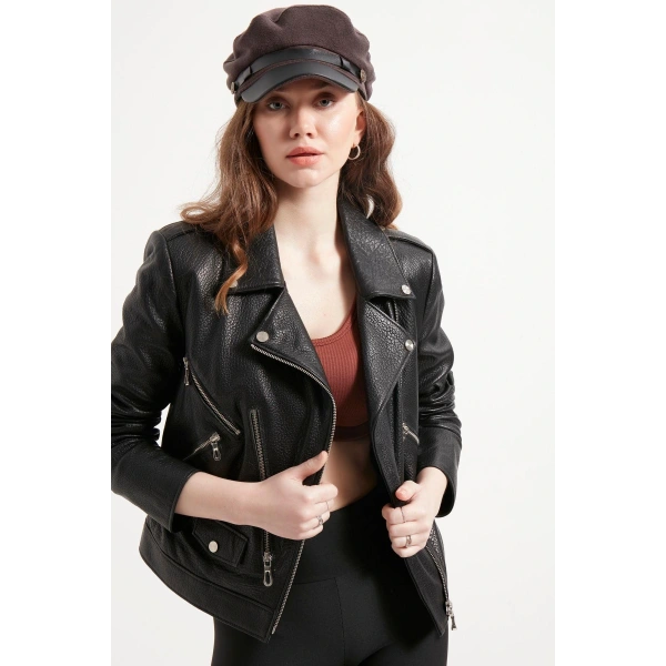 Kadın Siyah Hakiki Jumbo Deri Ceket