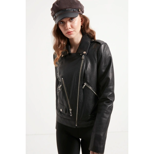 Kadın Siyah Hakiki Jumbo Deri Ceket