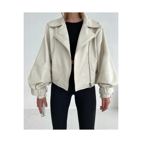 Kadın Krem Oversize Deri Ceket