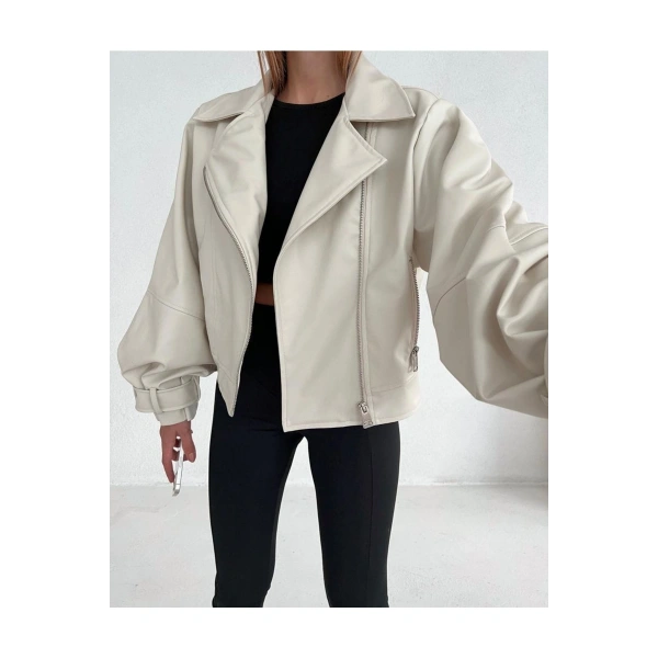 Kadın Krem Oversize Deri Ceket