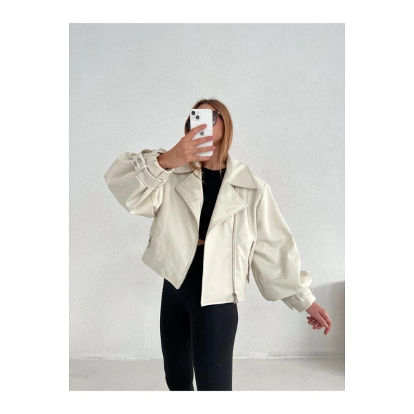 Kadın Krem Oversize Deri Ceket