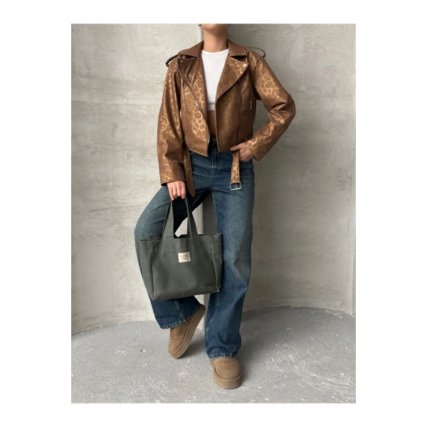 Oversıze Kemerli Deri Tarz Leopar Ceket