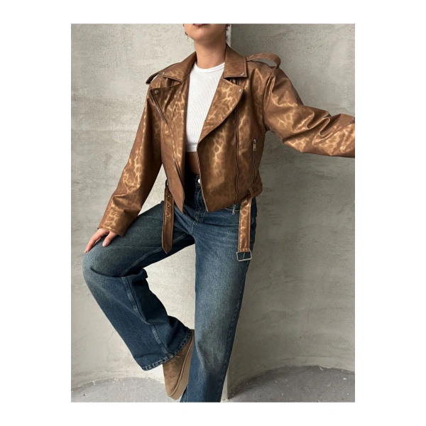 Oversıze Kemerli Deri Tarz Leopar Ceket