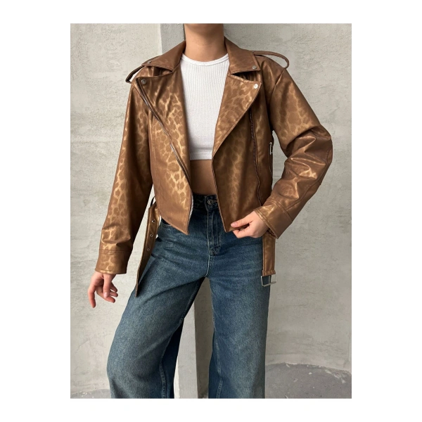 Oversıze Kemerli Deri Tarz Leopar Ceket