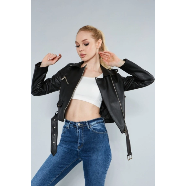 Kadın Kol Fermuarlı Cep Detaylı Deri Ceket