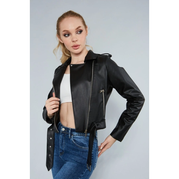 Kadın Kol Fermuarlı Cep Detaylı Deri Ceket