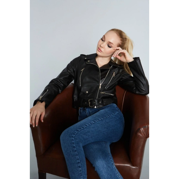 Kadın Kol Fermuarlı Cep Detaylı Deri Ceket