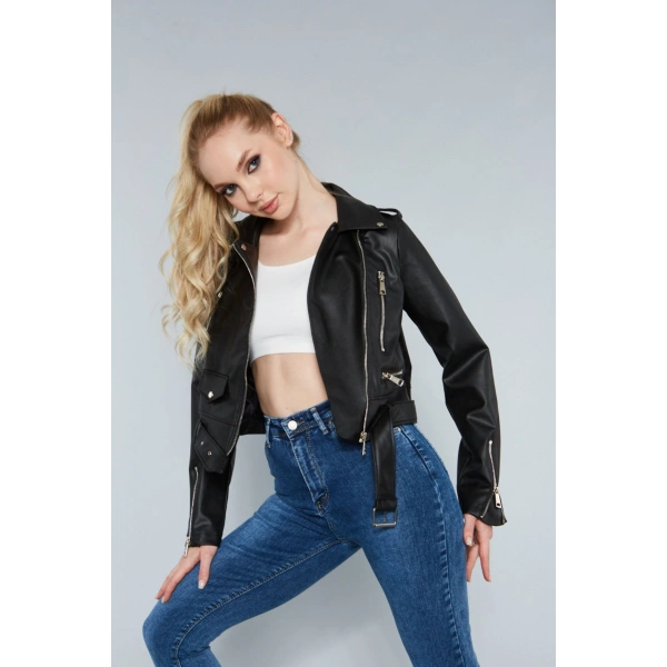 Kadın Kol Fermuarlı Cep Detaylı Deri Ceket