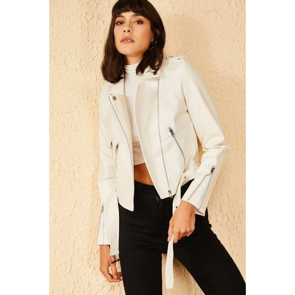 Kadın Beyaz Kolları Fermuarlı Ceket