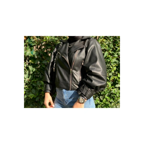 Siyah Balon Kol Deri Ceket