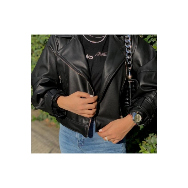 Siyah Balon Kol Deri Ceket