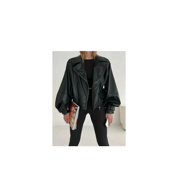 Kadın Suni Deri Geniş Kollu Biker Ceket