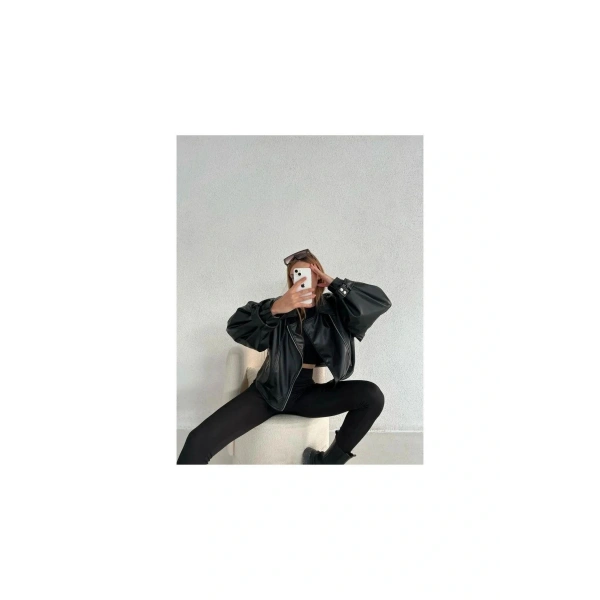 Kadın Suni Deri Geniş Kollu Biker Ceket