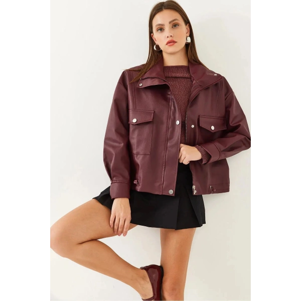 Yanlardan Büzgü Detaylı Deri Ceket - Oversize
