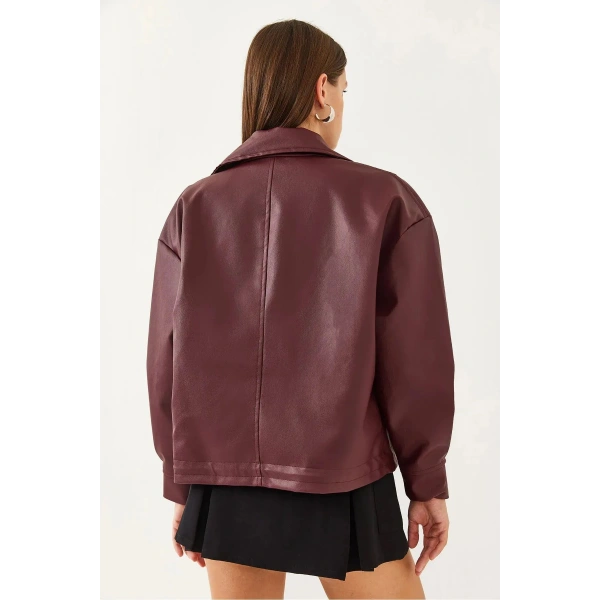 Yanlardan Büzgü Detaylı Deri Ceket - Oversize