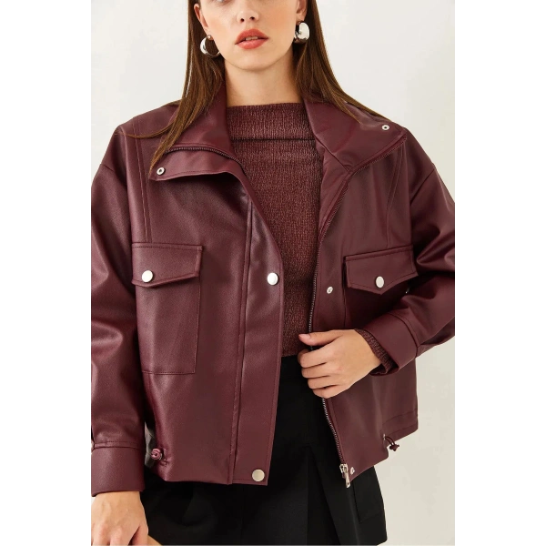 Yanlardan Büzgü Detaylı Deri Ceket - Oversize