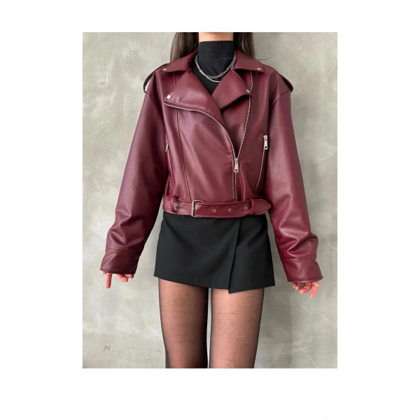 Kadın Oversize Bordo Deri Ceket