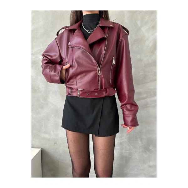 Kadın Oversize Bordo Deri Ceket