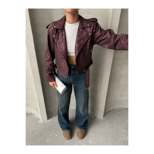 Oversıze Kemerli Deri Tarz Leopar Ceket