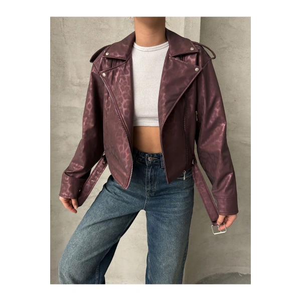 Oversıze Kemerli Deri Tarz Leopar Ceket