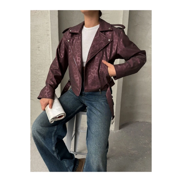 Oversıze Kemerli Deri Tarz Leopar Ceket