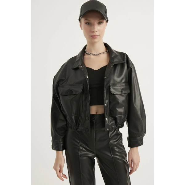 Kadın  Detaylı Suni Deri Ceket