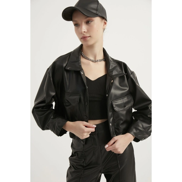 Kadın  Detaylı Suni Deri Ceket