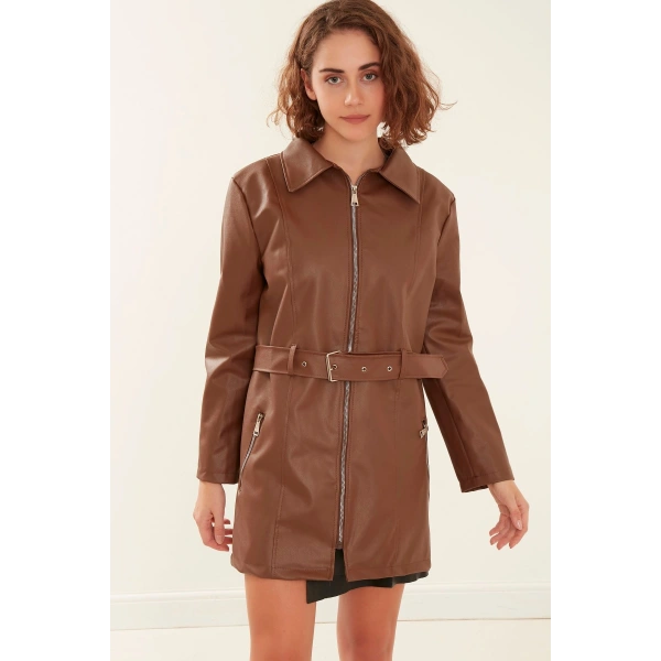 Kadın Kahve Deri Pardesü Ceket