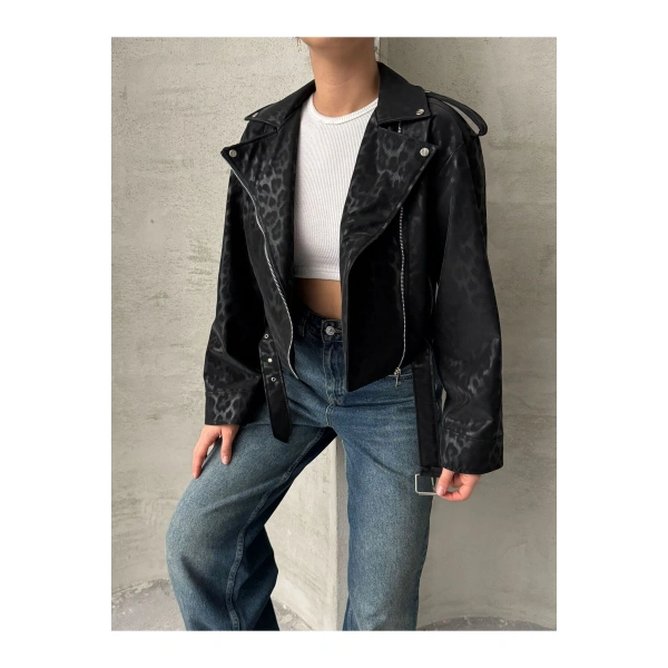 Oversıze Kemerli Deri Tarz Leopar Ceket